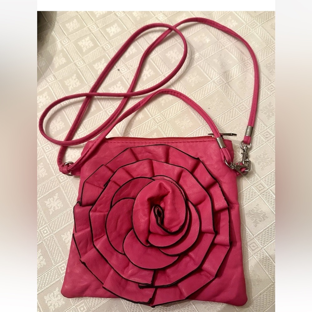 Crossbody Bag Purse Vegan Leather Vibrant Hot Pink 3D Rose or Dahlia Flower
